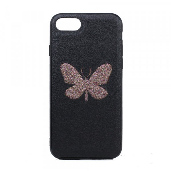 Wholesale iPhone 8 Plus / 7 Plus Glitter Butterfly Fashion PU Leather Case (Black)